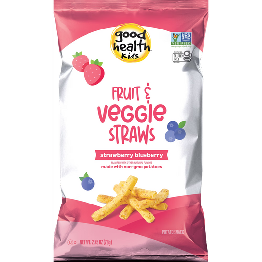 Good Health Kids Fruit & Veggie Straws packaging with strawberry and blueberry graphics on a white background