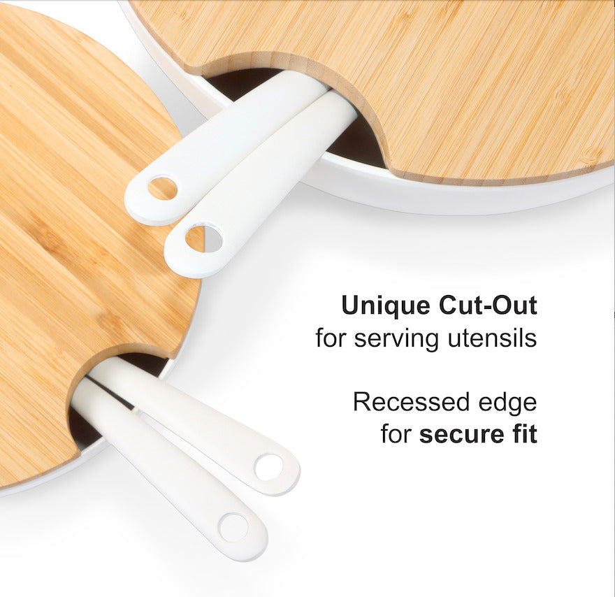 11.5" Extra Large Salad and 8" Serving Bowl with Wooden Lid and Servers, 8 pc set, White