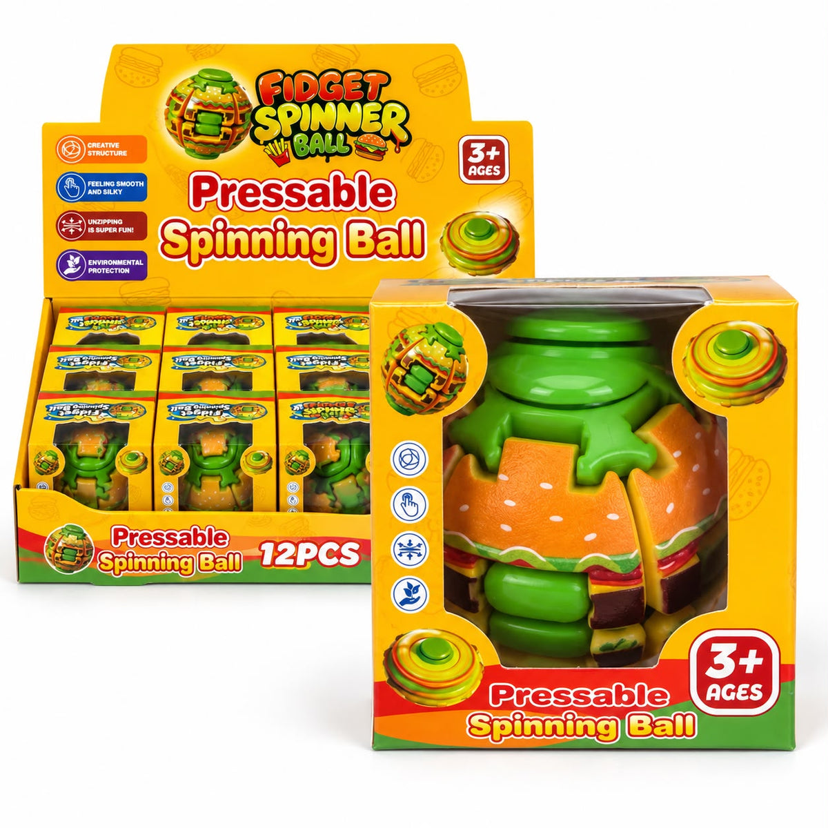Burger Fidget Spinner Ball – Pressable Sensory Spinning Toy