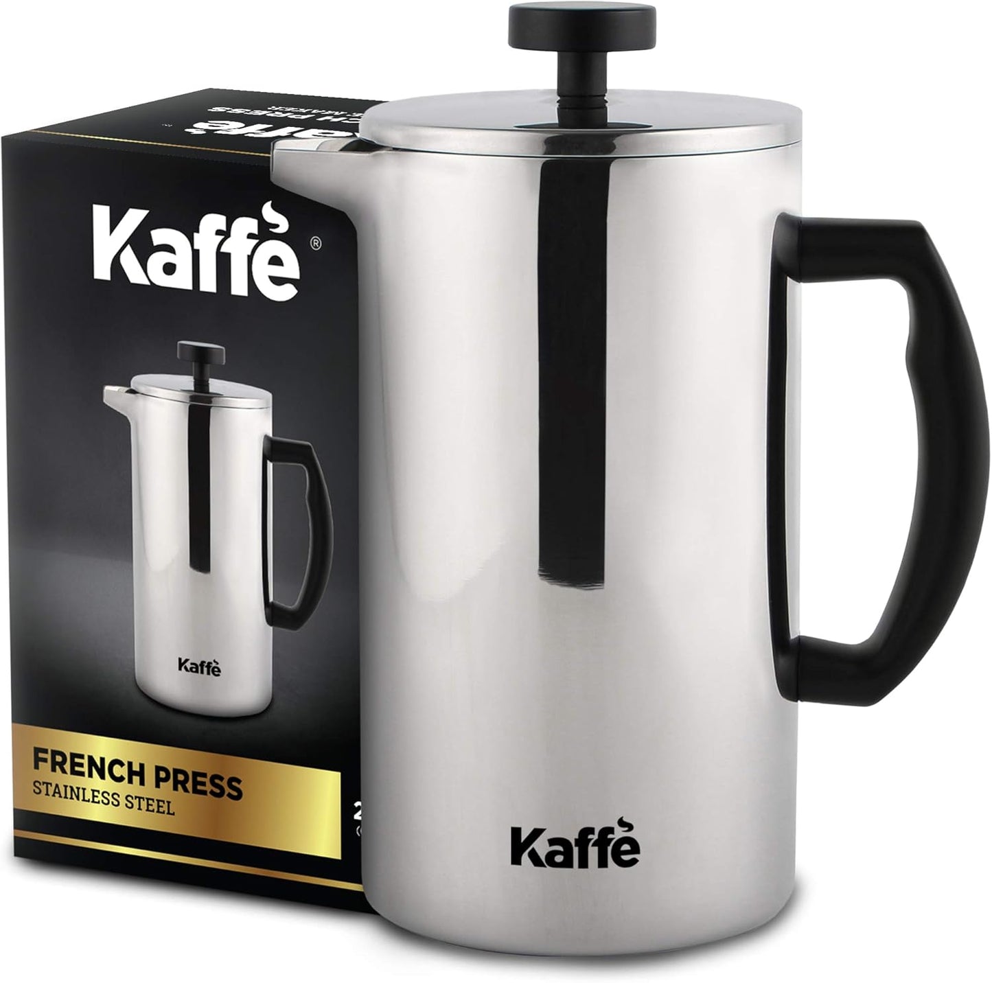Stainless steel French press with black handle and Kaffe branding on a white background