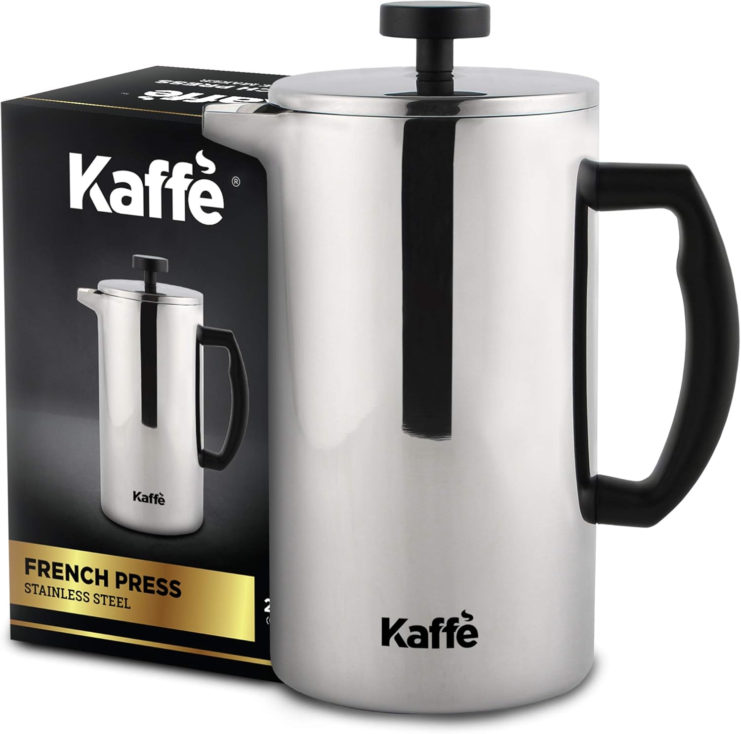 Stainless steel French press with black handle and Kaffe branding on a white background