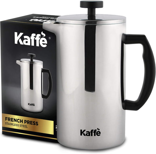 Stainless steel French press with black handle and Kaffe branding on a white background