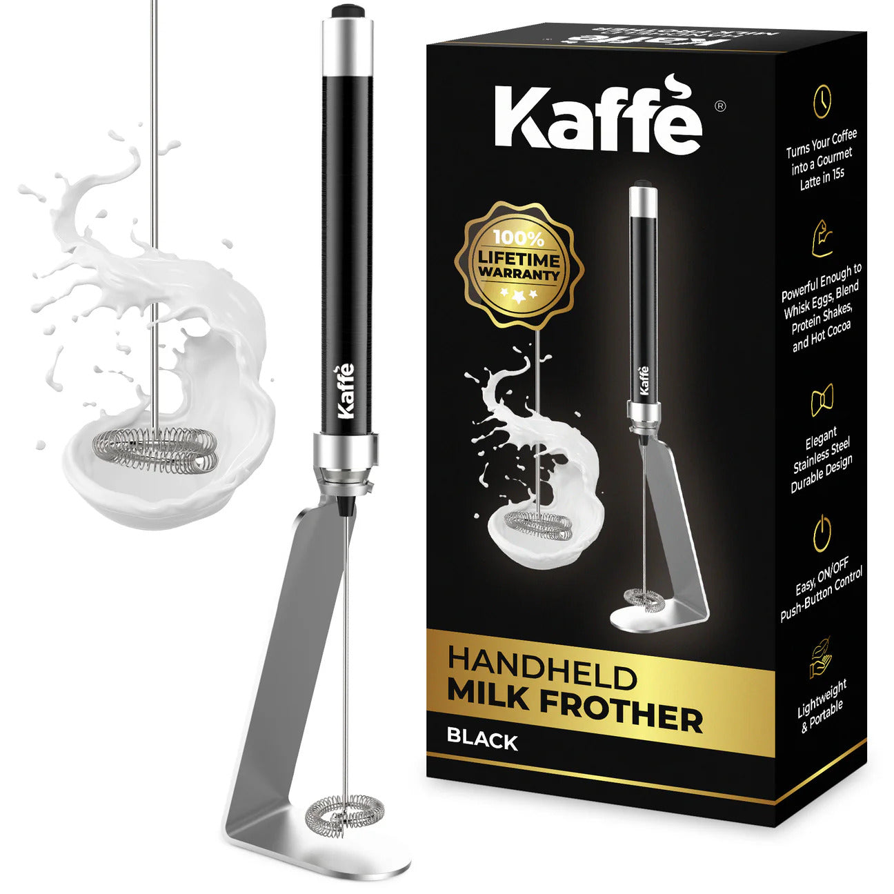 Kaffe handheld milk frother with black packaging on a white background