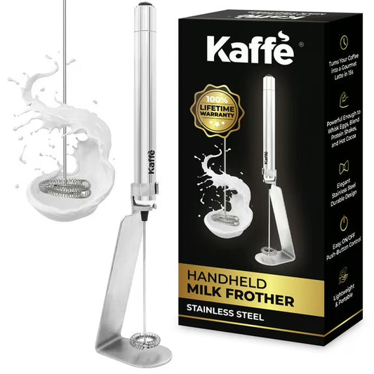 Kaffe handheld milk frother with packaging on a white background