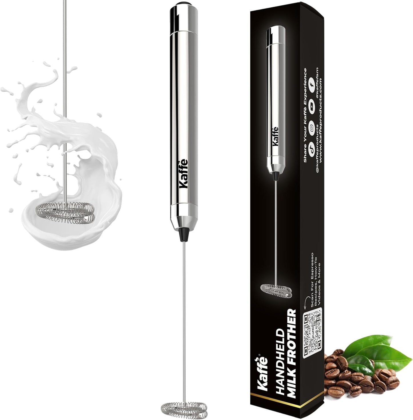 Kaffé handheld milk frother with packaging and coffee beans on a white background