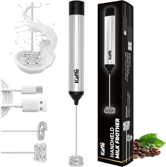 Handheld milk frother with Kaffe branding, packaging, and accessories on a white background.