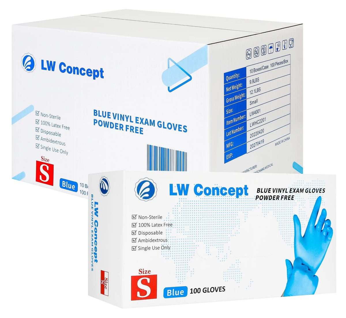 LW Blue Vinyl Exam Gloves,100/Box(10/carton) - 1,000 GLOVES