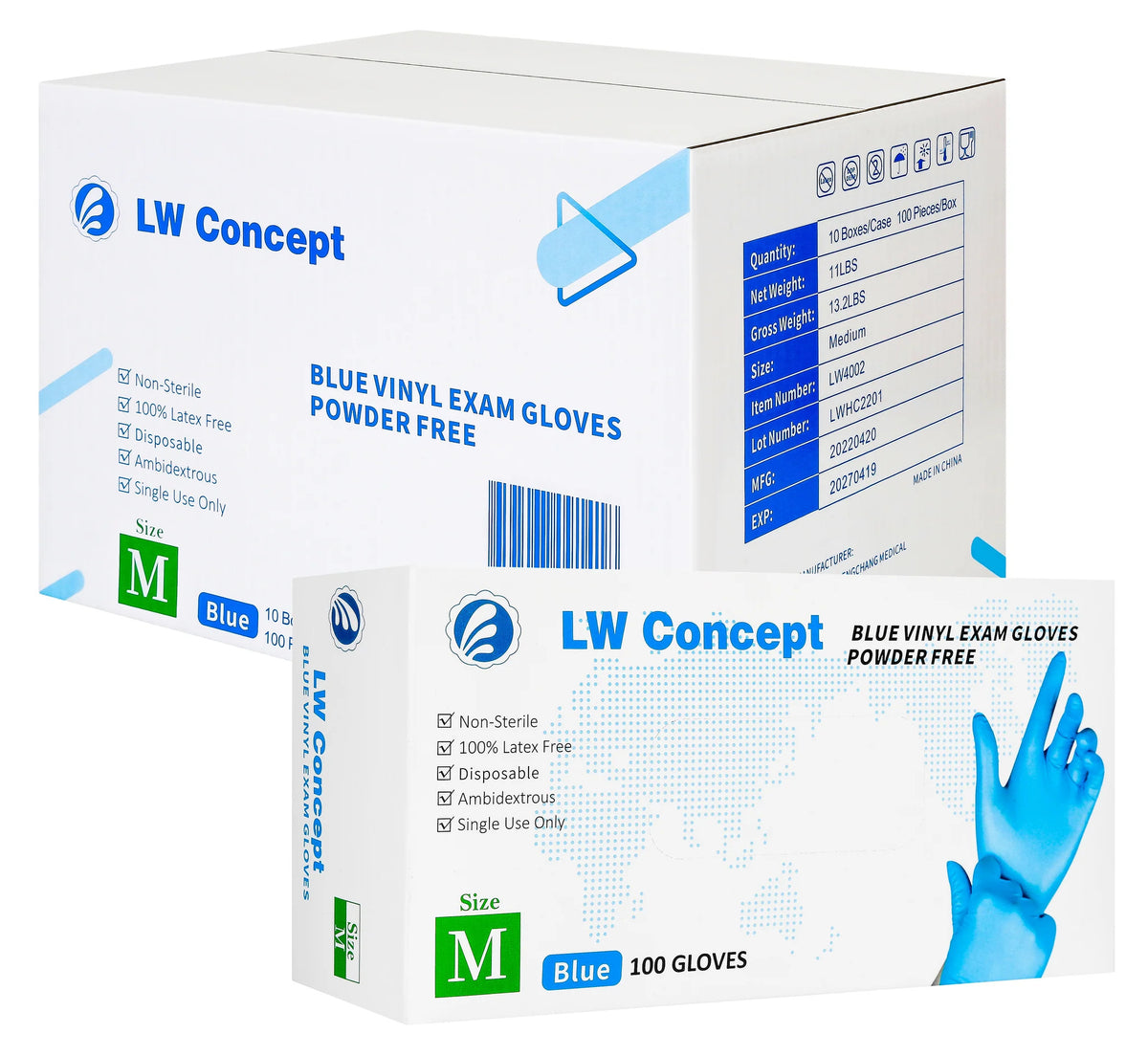 LW Blue Vinyl Exam Gloves,100/Box(10/carton) - 1,000 GLOVES