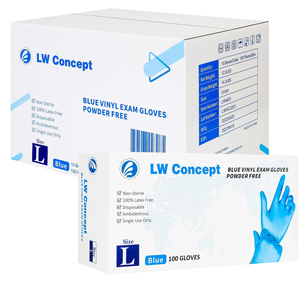 LW Blue Vinyl Exam Gloves,100/Box(10/carton) - 1,000 GLOVES