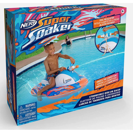Nerf Super Soaker toy packaging with a child playing in a pool.