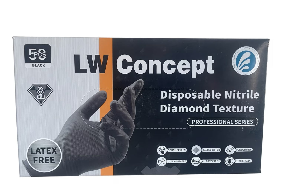 LW Black 8Mil Nitrile Exam Gloves,50/Box (10/carton) - 500 GLOVES
