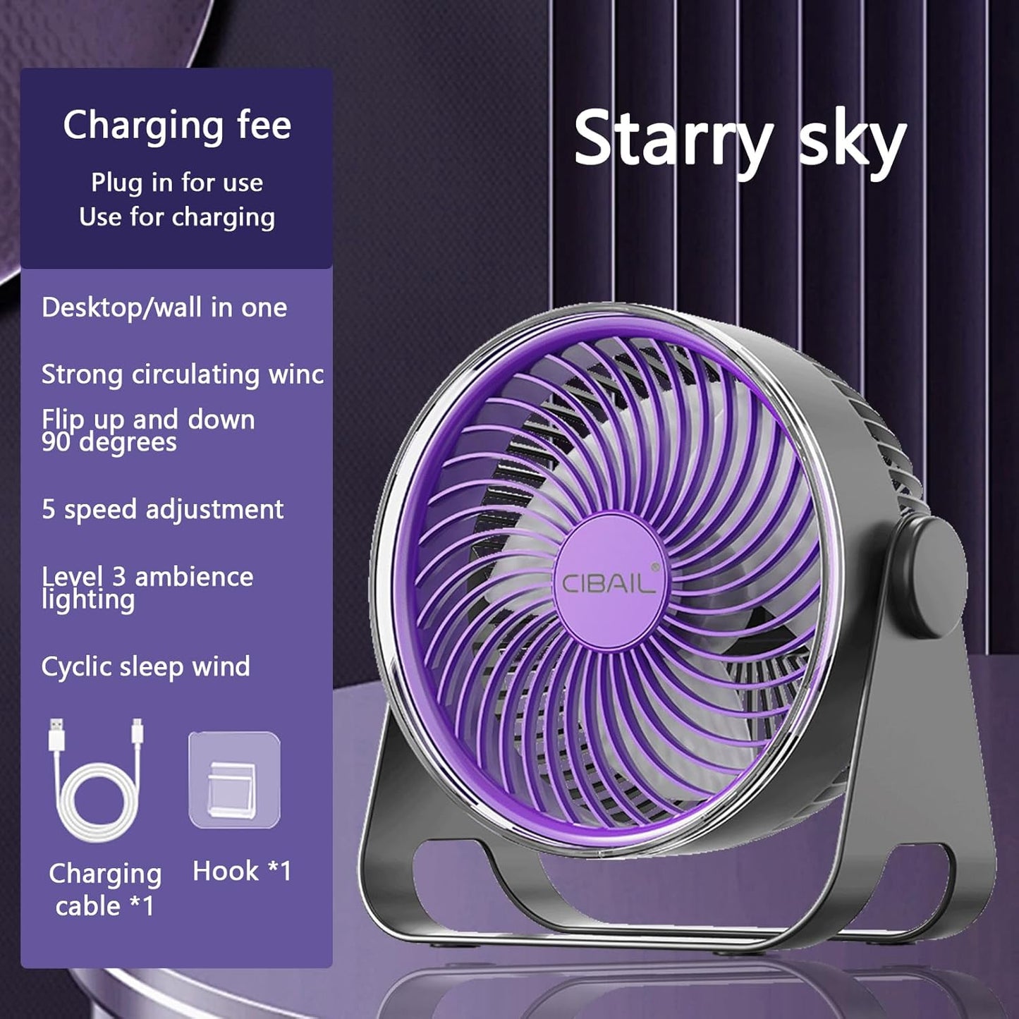 7-Inch Desk Fan, USB Rechargeable with Light