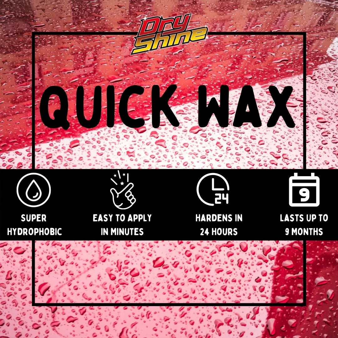 Advertisement for Dry Shine Quick Wax with product features on a red and pink background.