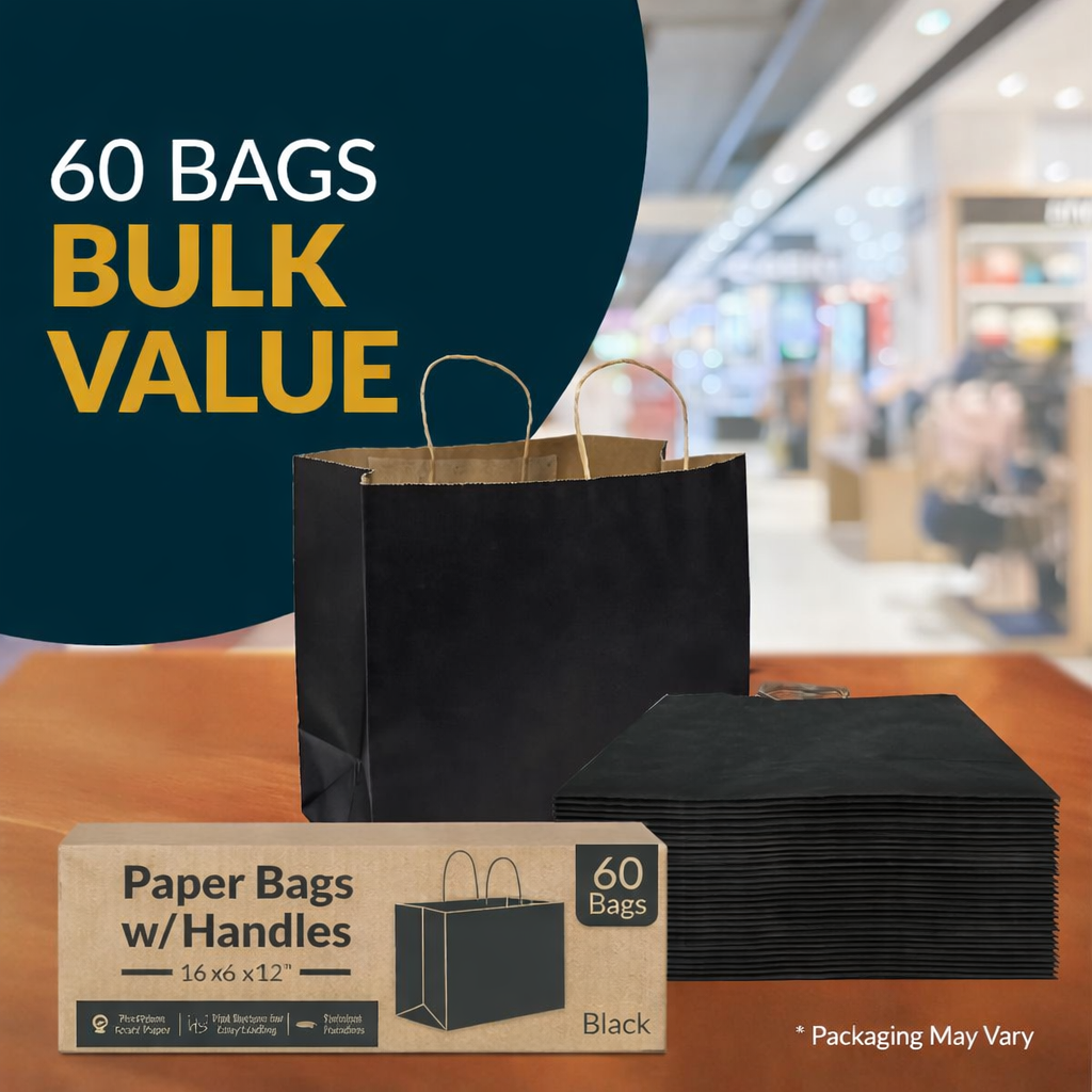 60ct - Medium Black Kraft Paper Shopping Bags with Handles
