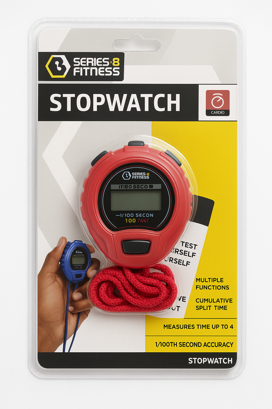 Red stopwatch with lanyard on Series 8 Fitness packaging