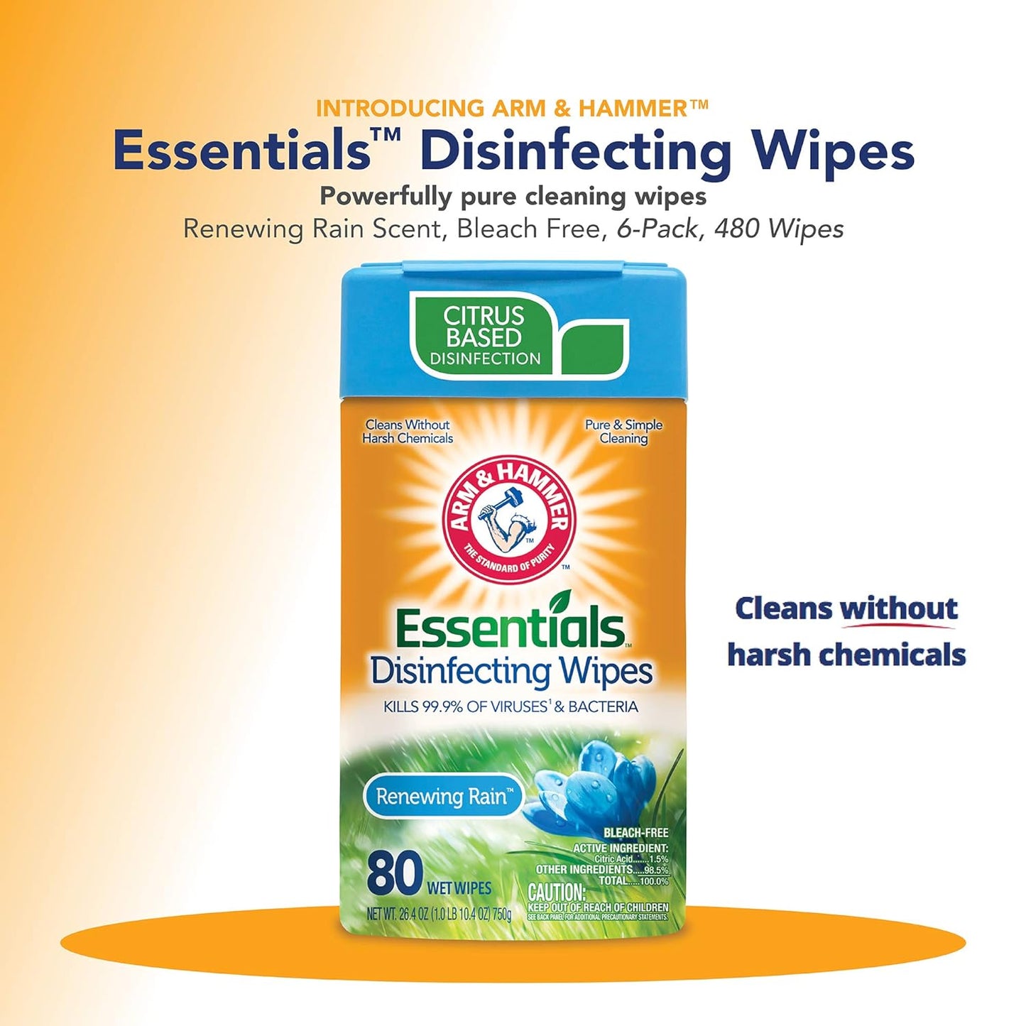 Arm & Hammer Disinfecting Wipes, Renewing Rain,80ct