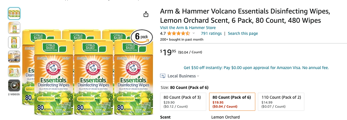 Arm & Hammer Disinfecting Wipes, Lemon Orchard Scent,80 Count (128 CASES OF 6)