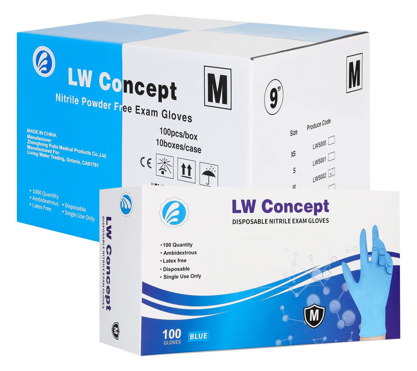 Box of LW Concept nitrile powder-free exam gloves on a white background