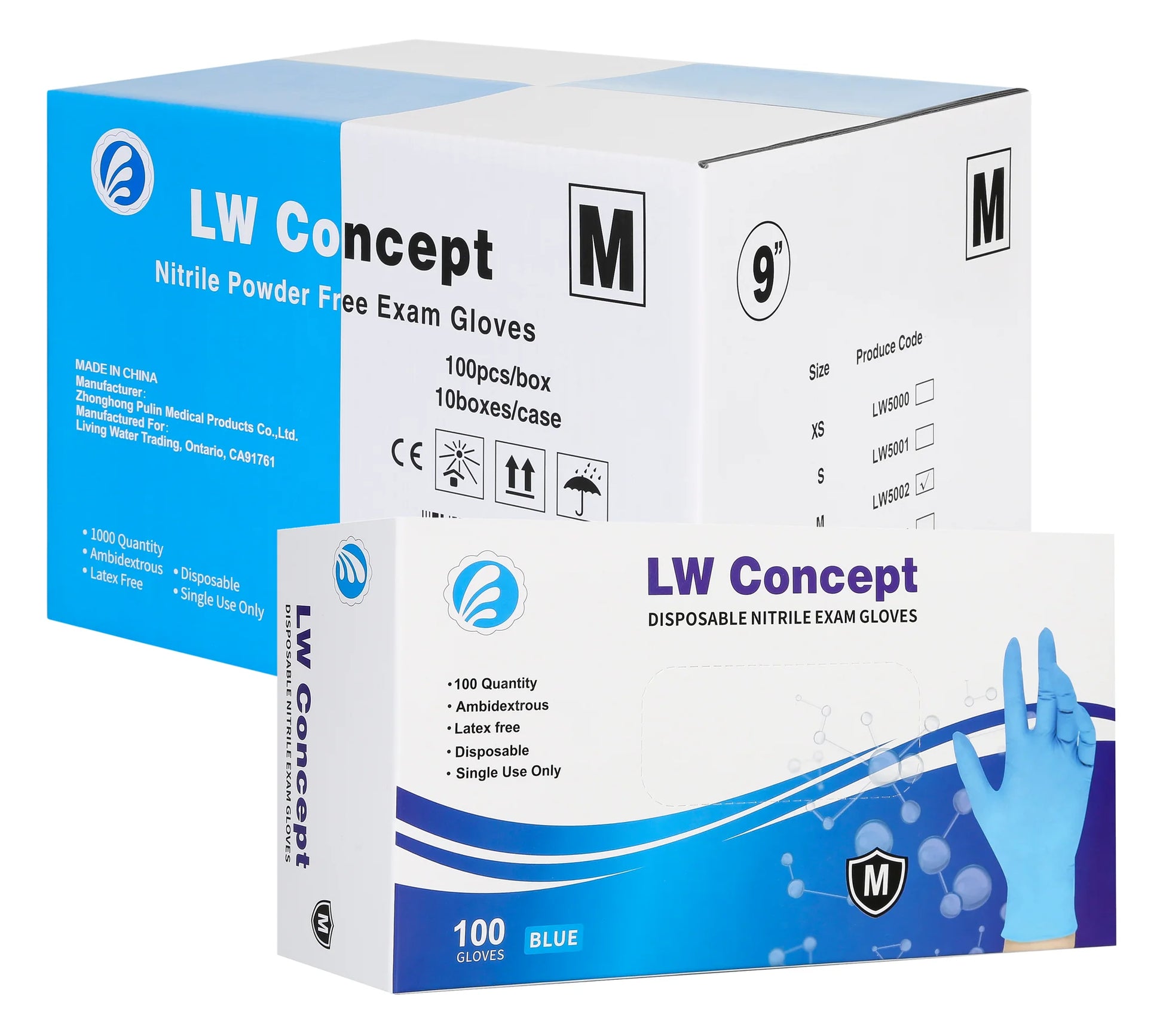 Box of LW Concept nitrile powder-free exam gloves on a white background