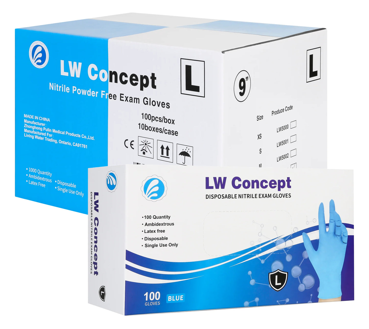 Box of LW Concept disposable nitrile exam gloves on a white background