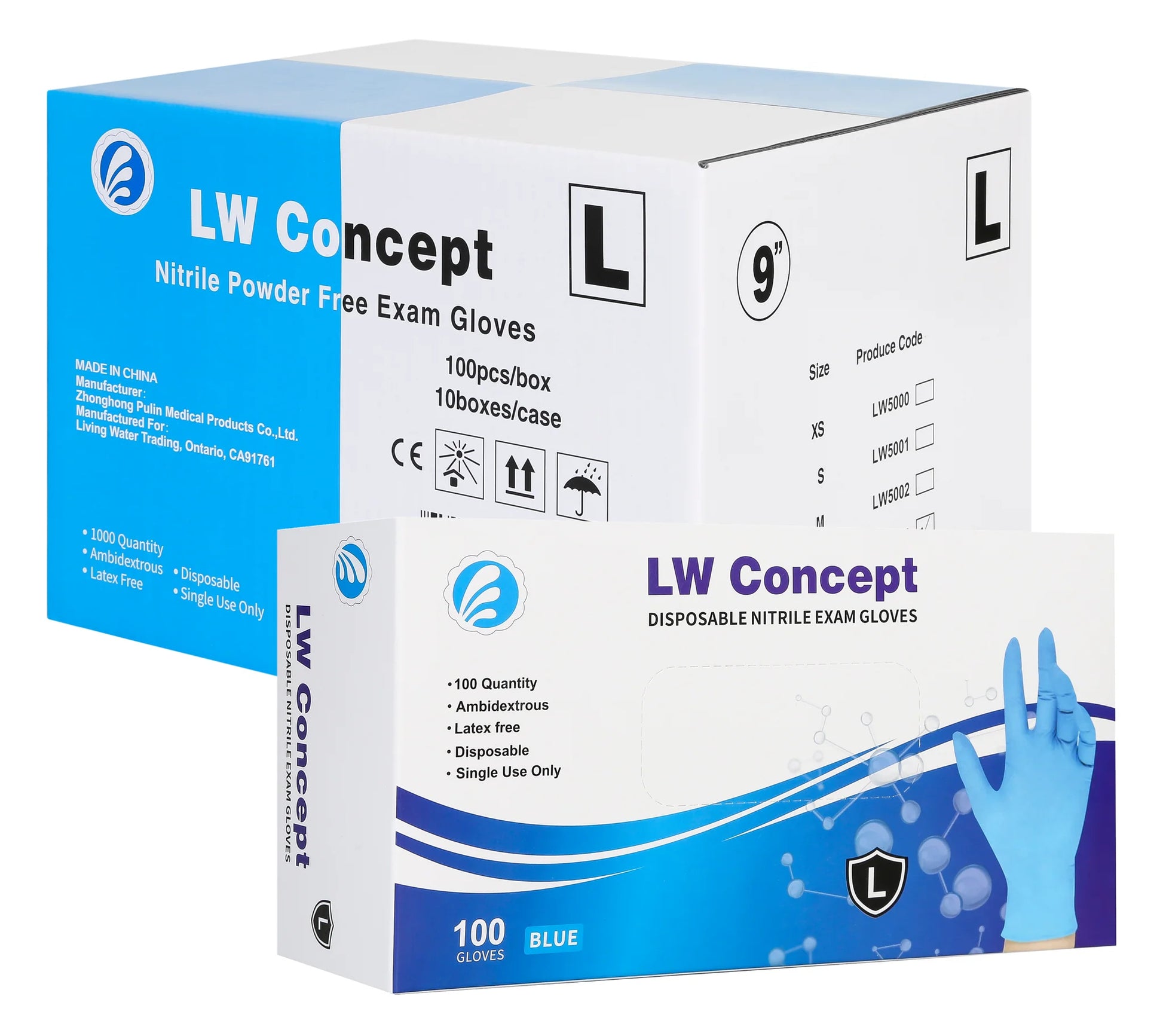 Box of LW Concept disposable nitrile exam gloves on a white background