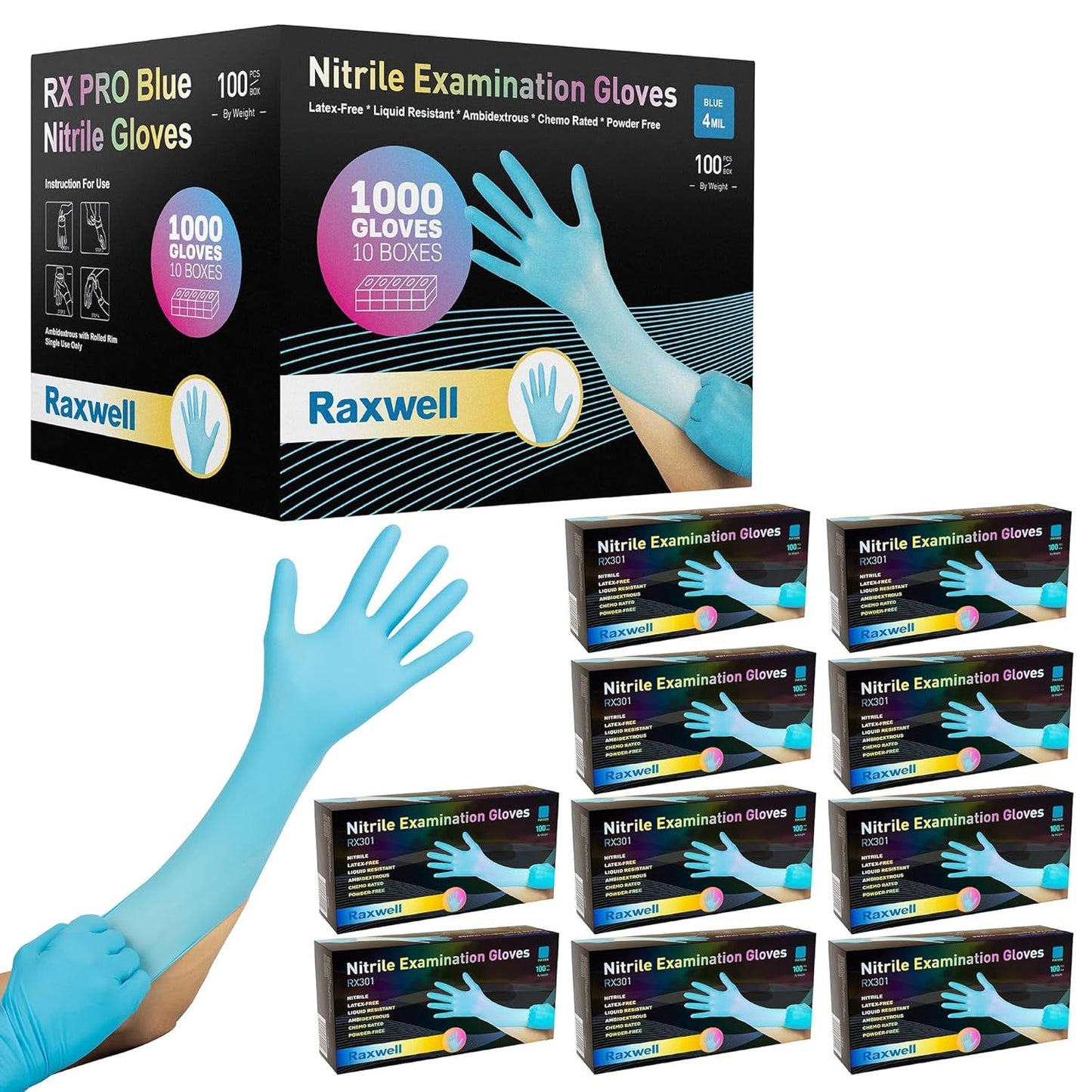 Raxwell Blue Nitrile Exam Gloves,100/Box (10/carton)
