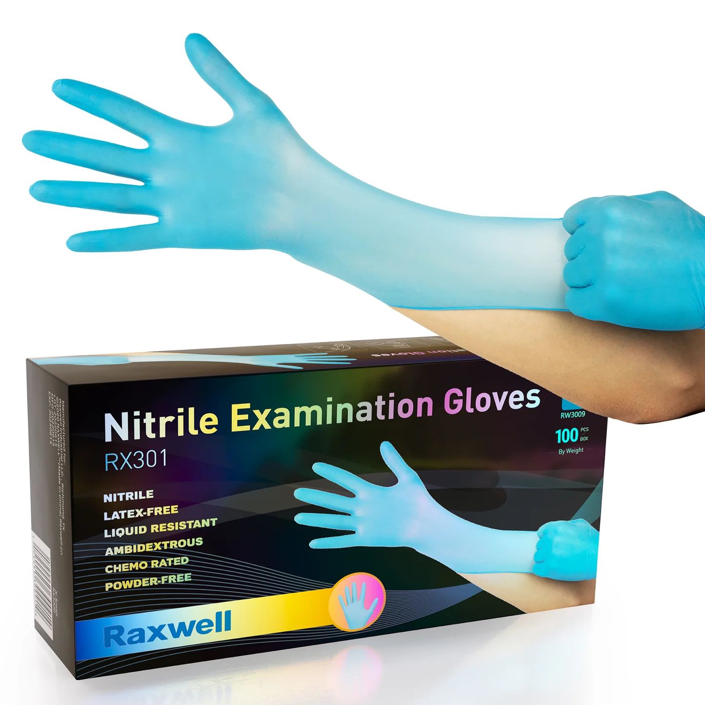 Raxwell Blue Nitrile Exam Gloves,100/Box (10/carton)