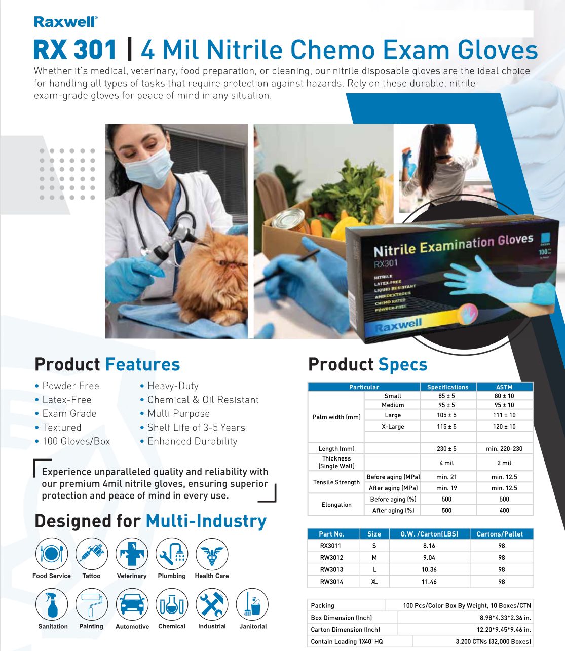 Raxwell Blue Nitrile Exam Gloves,100/Box (10/carton)