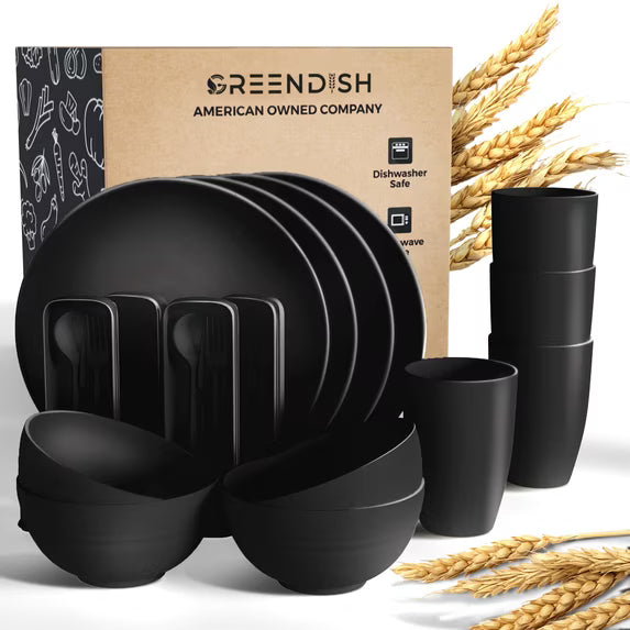 Wheat Straw Dinnerware Set for 4 – Plates, Bowls, Cups & Reusable Cutlery