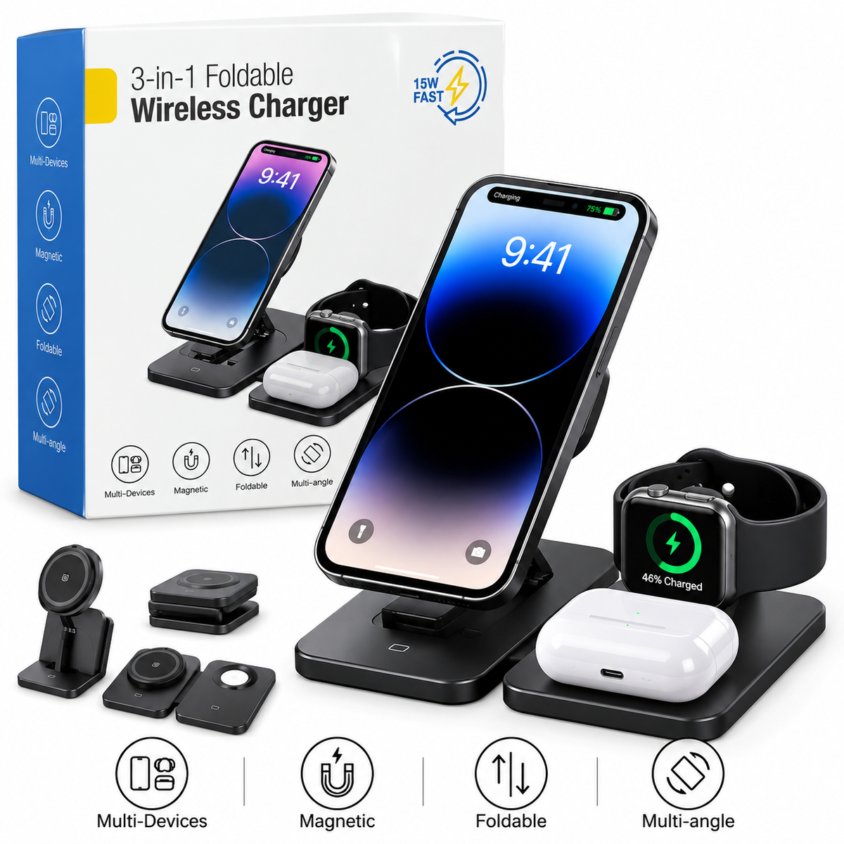 3-in-1 Foldable Magnetic Wireless Charger – 15W Fast Charging Station