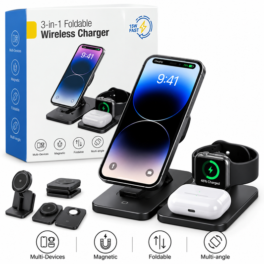 3-in-1 Foldable Magnetic Wireless Charger – 15W Fast Charging Station