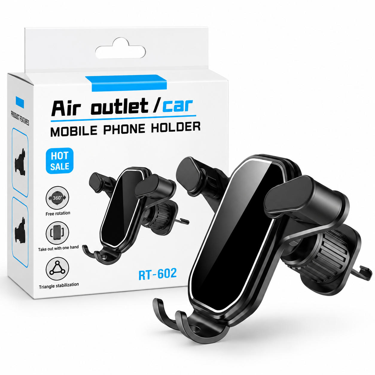 Black car air outlet mobile phone holder shown in front of its white retail box, with blue text accents and product features printed on the packaging.