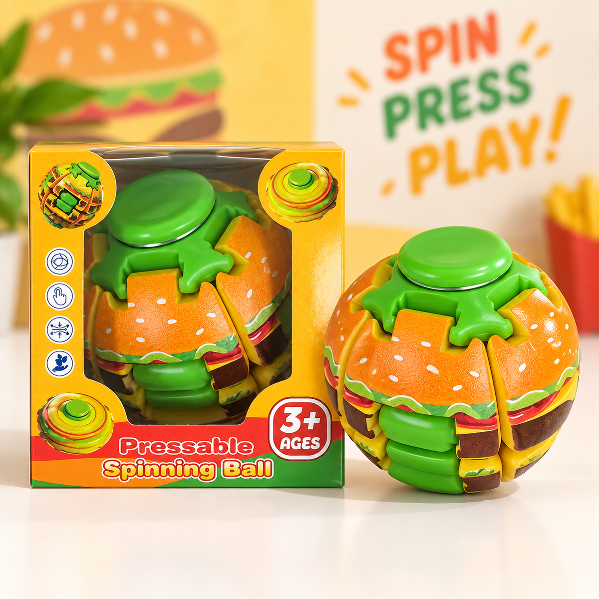 Burger Fidget Spinner Ball – Pressable Sensory Spinning Toy