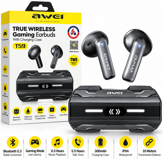 AWEI T59 True Wireless Gaming Earbuds with Charging Case  – Silver