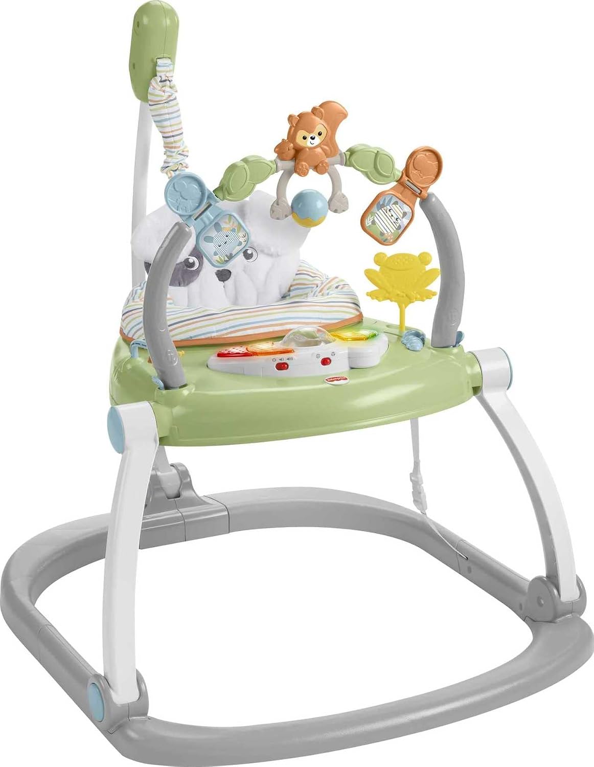 Baby bouncer with toys and animals on a white background
