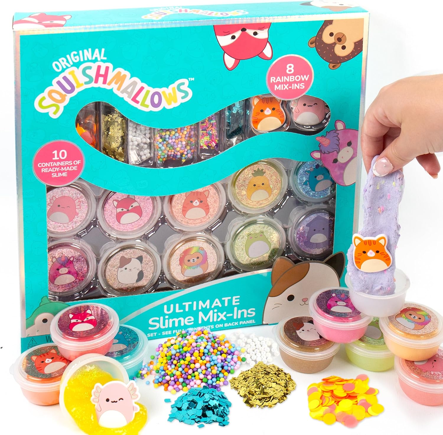 Squishmallows slime mix-ins set with packaging and a hand holding a piece of slime.