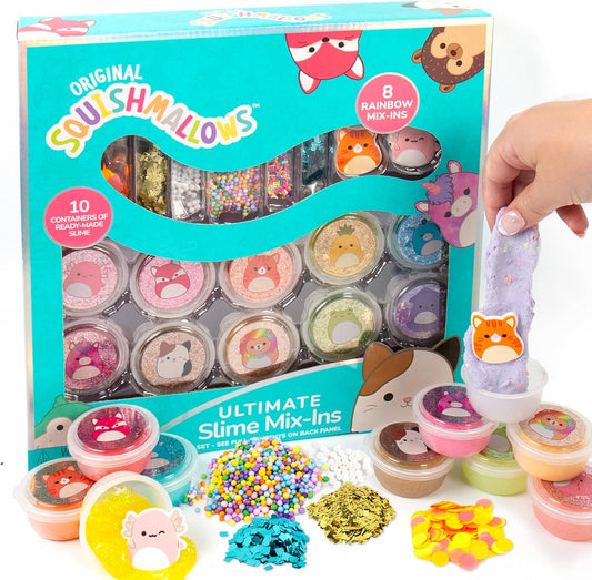 Squishmallows slime mix-ins set with packaging and a hand holding a piece of slime.