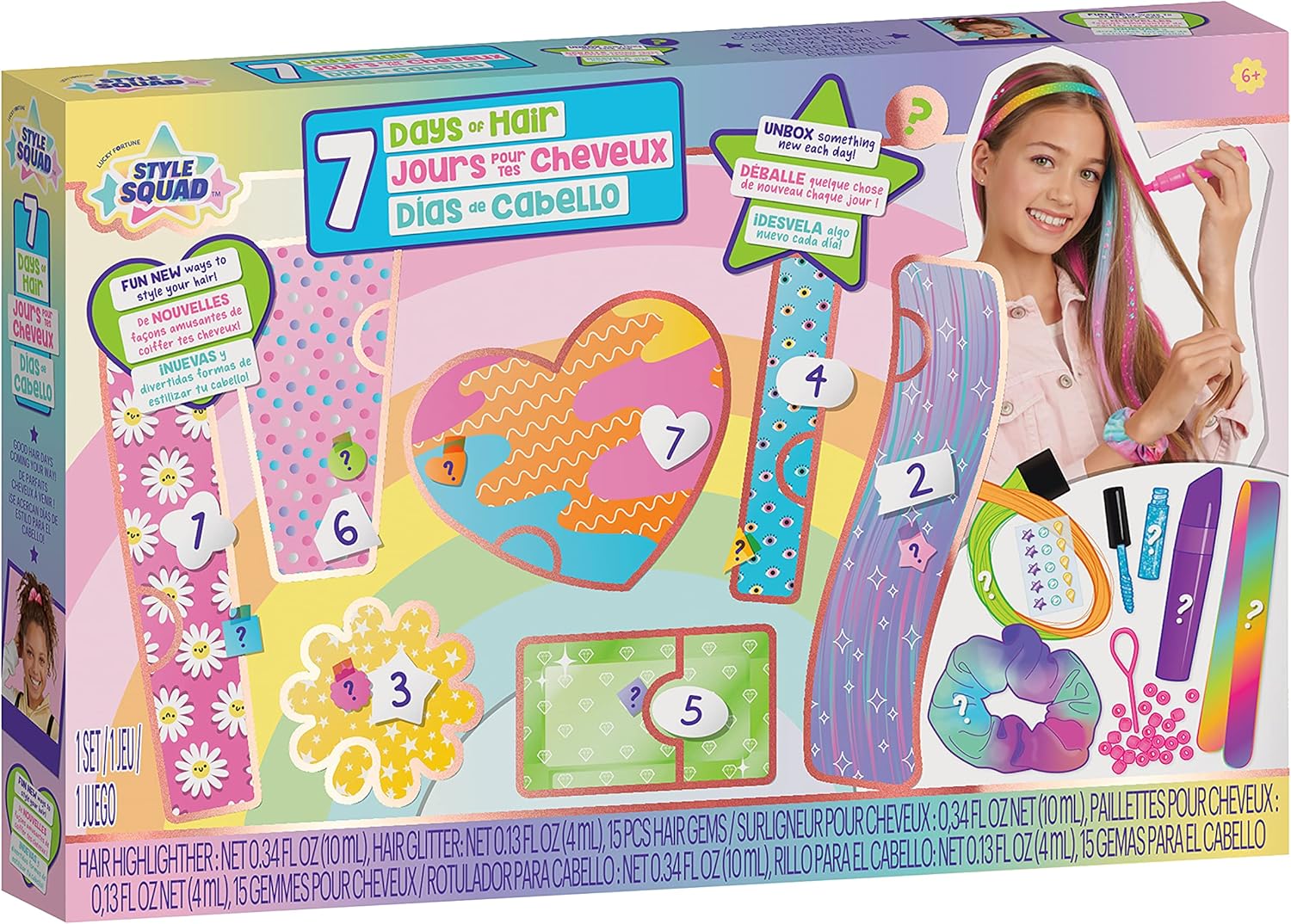 Colorful packaging of a hair styling kit for children with various hair accessories and tools.