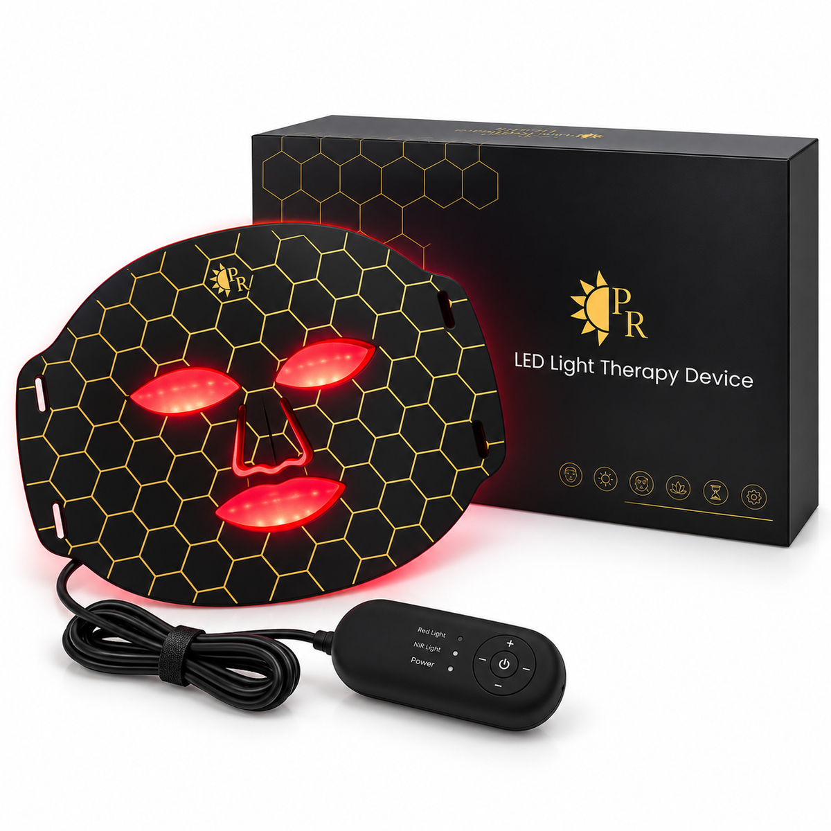 Black LED light therapy face mask with a yellow honeycomb pattern and glowing red light, shown with its black remote control and branded retail box on a white background.
