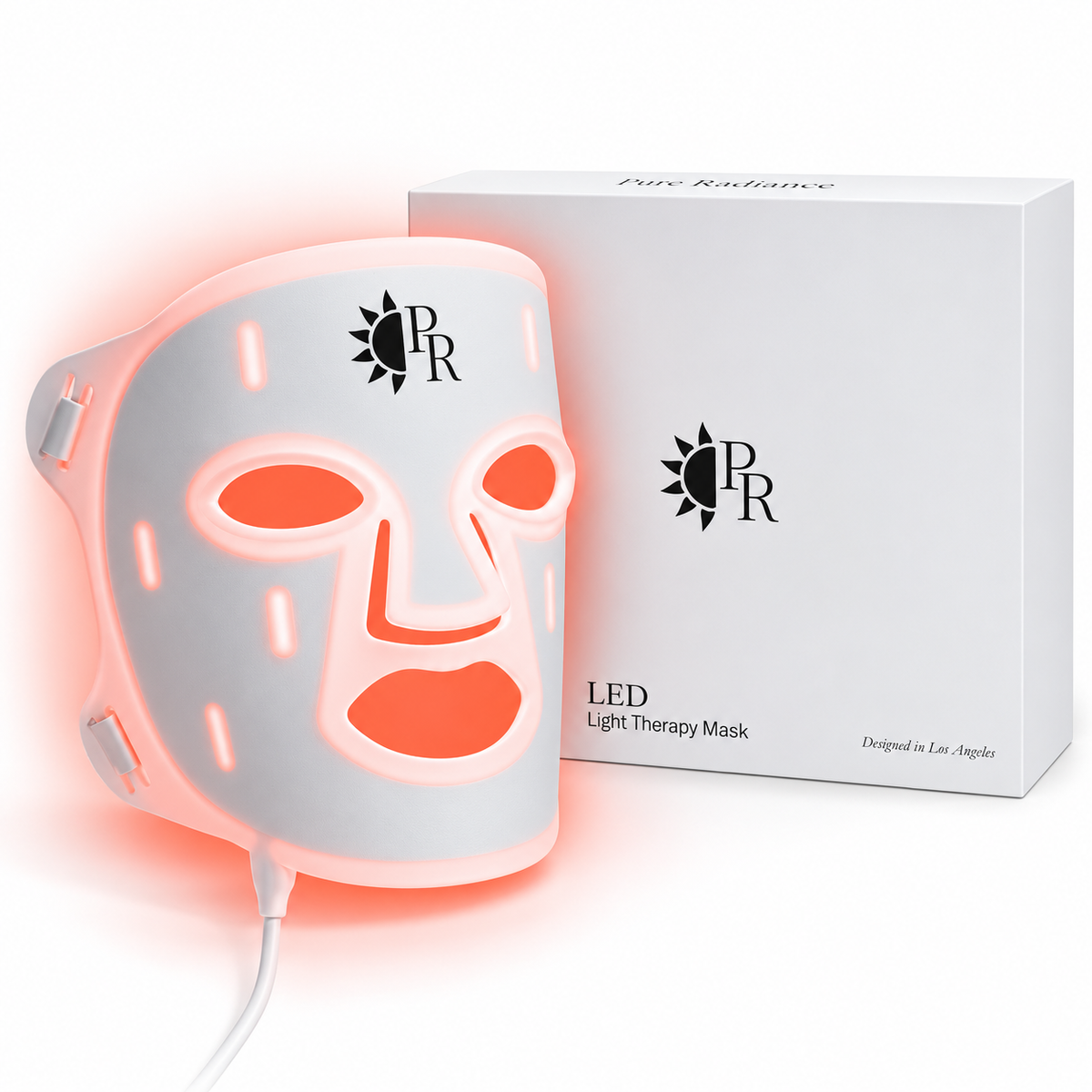 A white PR LED light therapy face mask glowing with pink and orange light, shown next to its white packaging box on a clean white background.