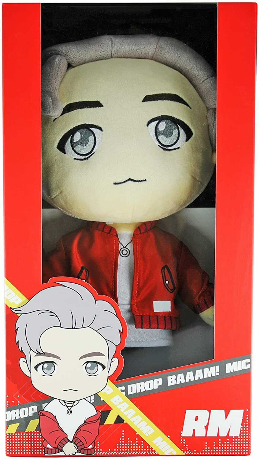 Plush toy of a character in a red jacket with packaging featuring RM branding.