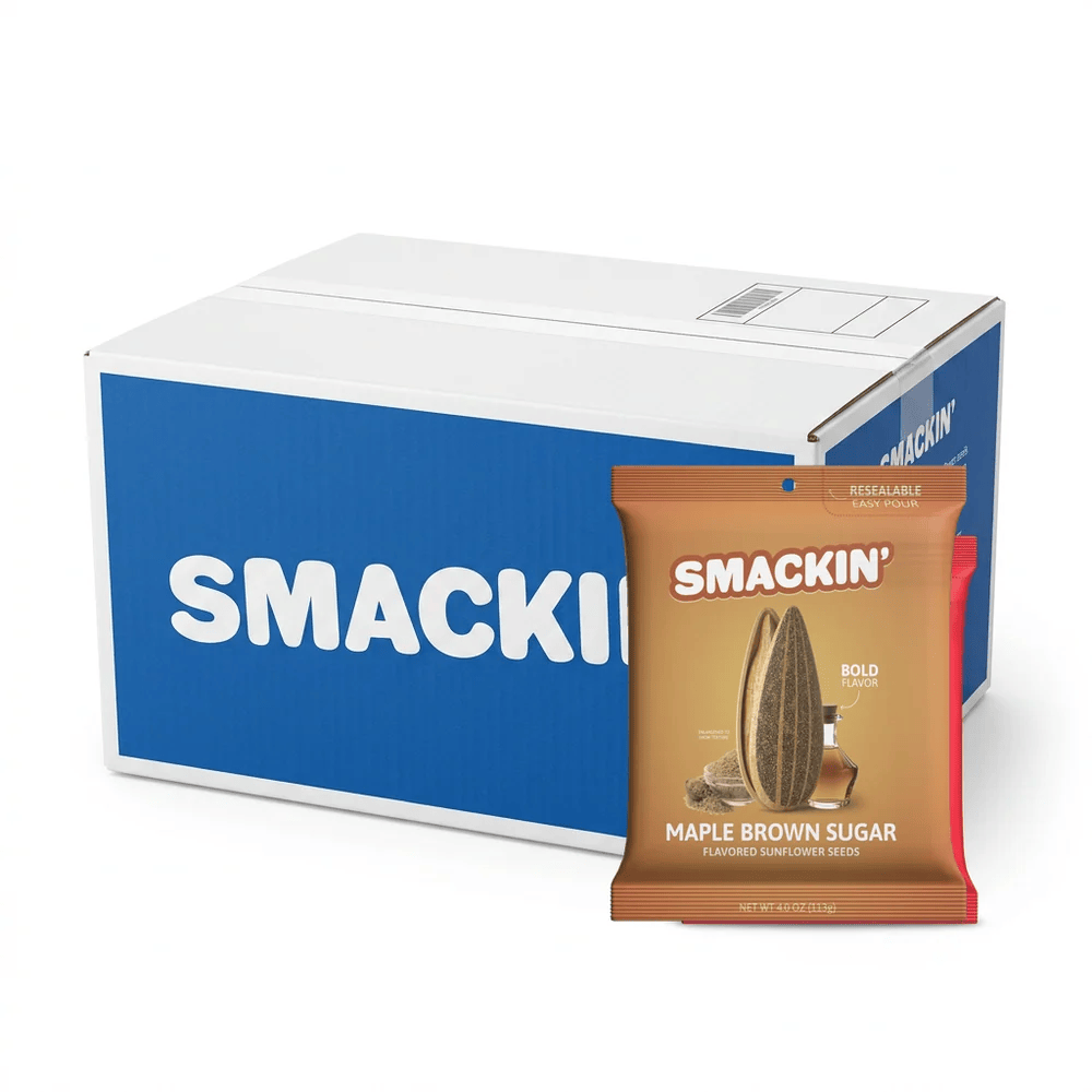 Smackin' maple brown sugar snack packet in front of a Smackin' branded box.