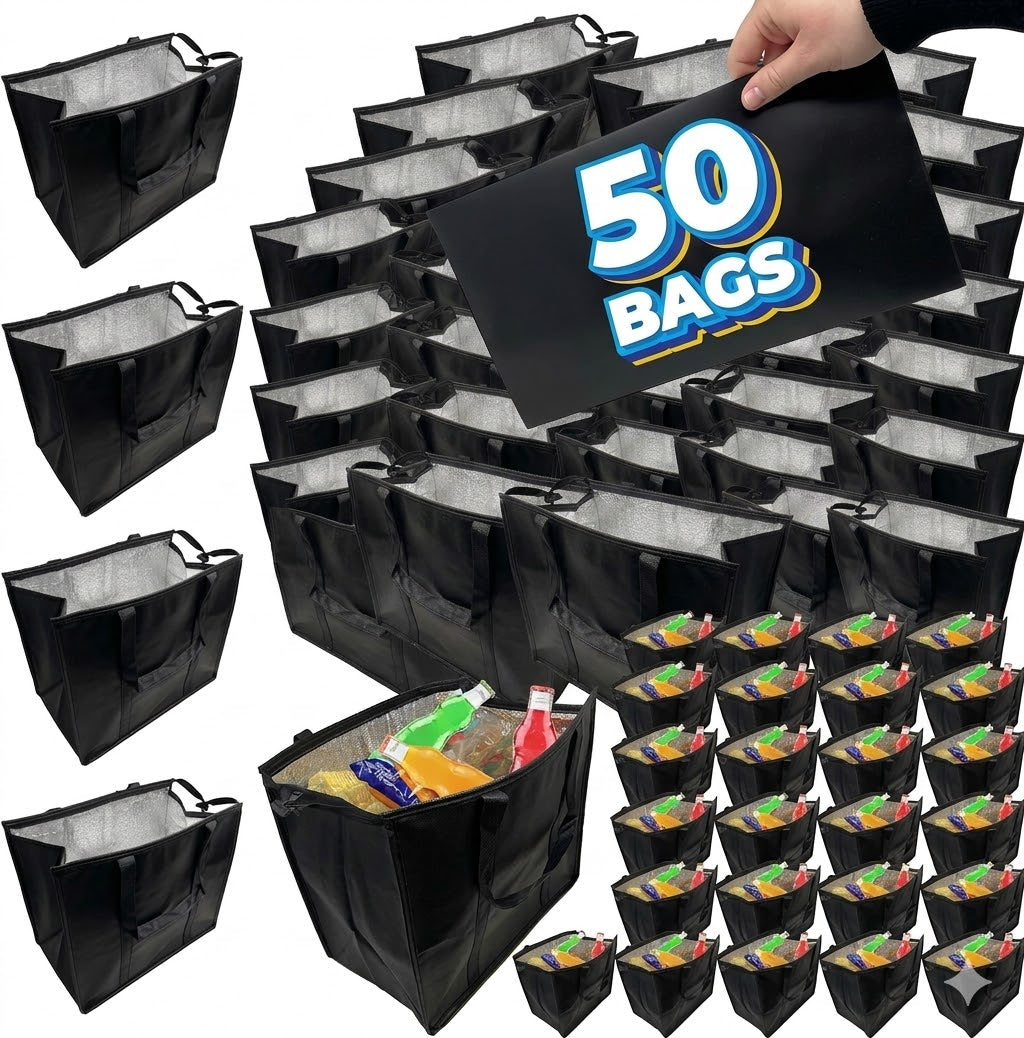 Black storage bags with a sign indicating 50 bags, some filled with snacks, on a white background.