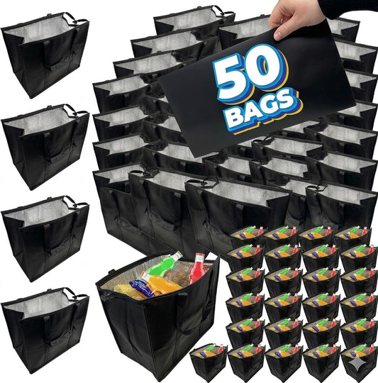 Black storage bags with a sign indicating 50 bags, some filled with snacks, on a white background.